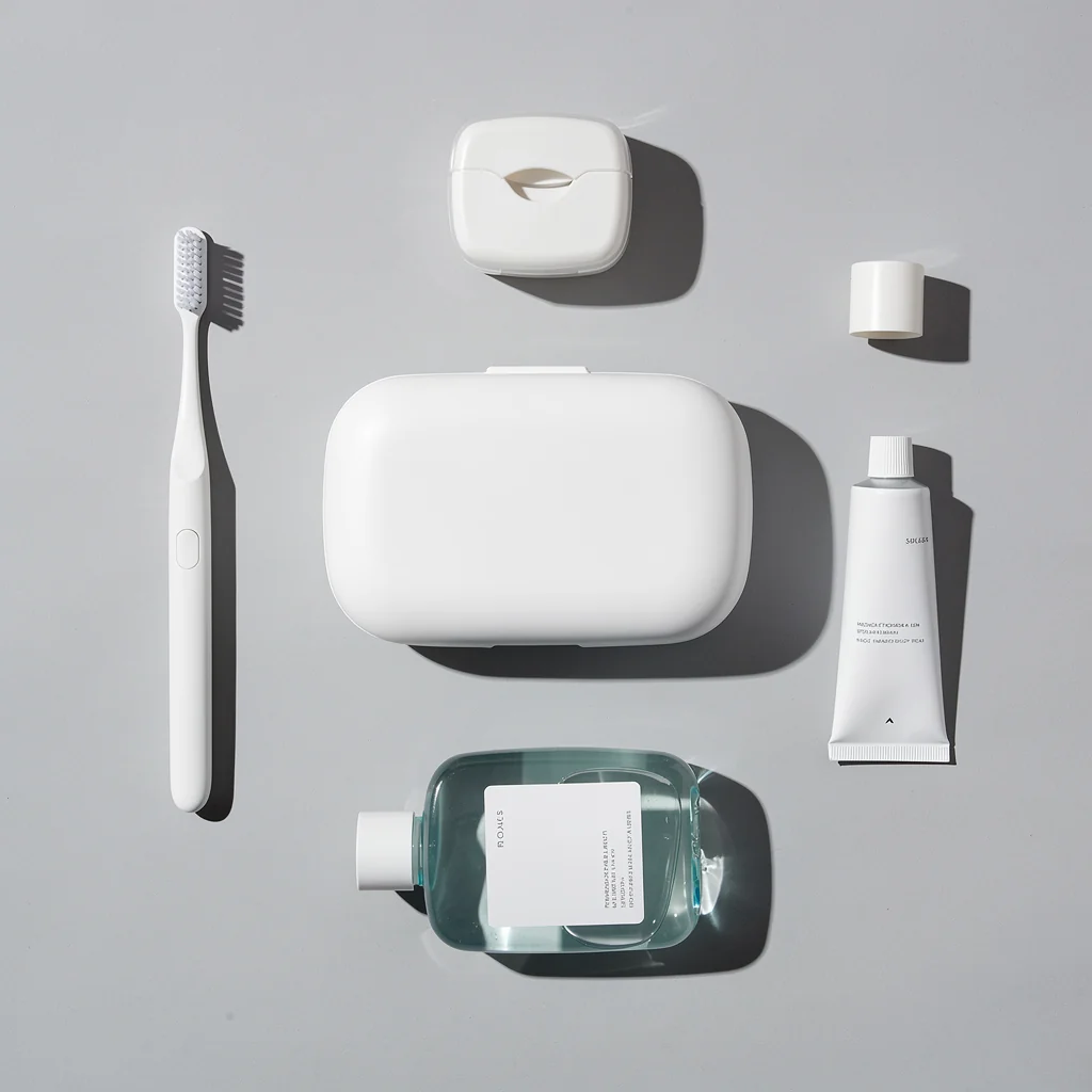 Toothbrush, floss, and toothpaste arranged on a tray representing our dental hygiene team