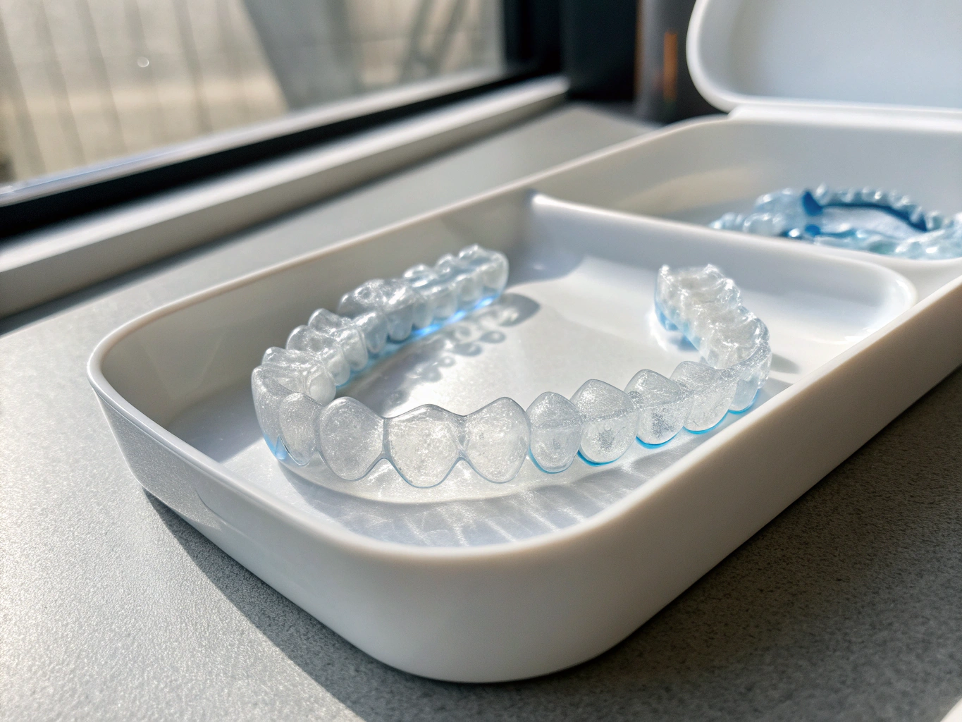 Set of clear Invisalign orthodontic aligners on clean tray