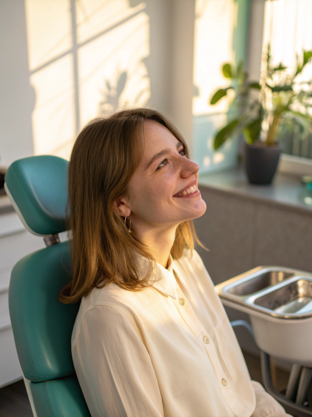 Younger woman in a sundress seated in a modern dental treatment chair, smiling confidently